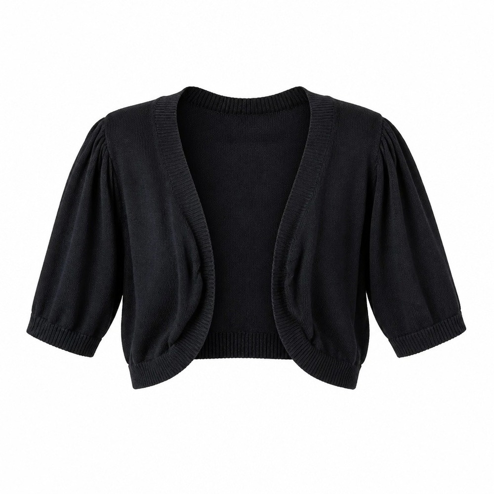 Womens Black Short Sleeve Shrug Cardigan Puff Sleeve Cropped Bolero Sweater